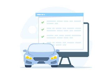 Vector illustration of car vehicle checklist inspection concept. Depicts car maintenance, technical service, and safety inspection review for automotive care and vehicle performance evaluation.