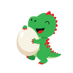 Fototapeta premium Happy green cartoon dinosaur hugging a large white egg.