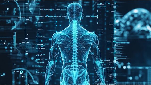 A digital representation of a human body viewed from the back, showcasing a skeletal structure with a high-tech background of data and graphs.