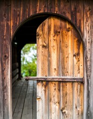 Close-up of an open, arched wooden doorway on a rustic building
