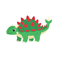 Fototapeta premium Cute cartoon green dinosaur with red spikes on its back and tail, smiling, on a white background.