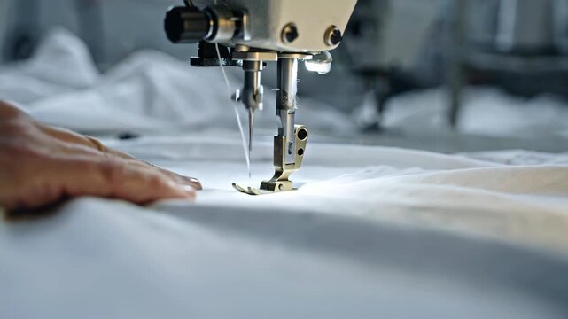 Cinematic video of a textile workshop scene featuring a sewing machine needle stitching a white cotton t-shirt, with ultra-detailed textures, natural lighting, and sharp close-up precision
