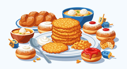 Hanukkah Food Spread with Dreidels and Sweet Treats