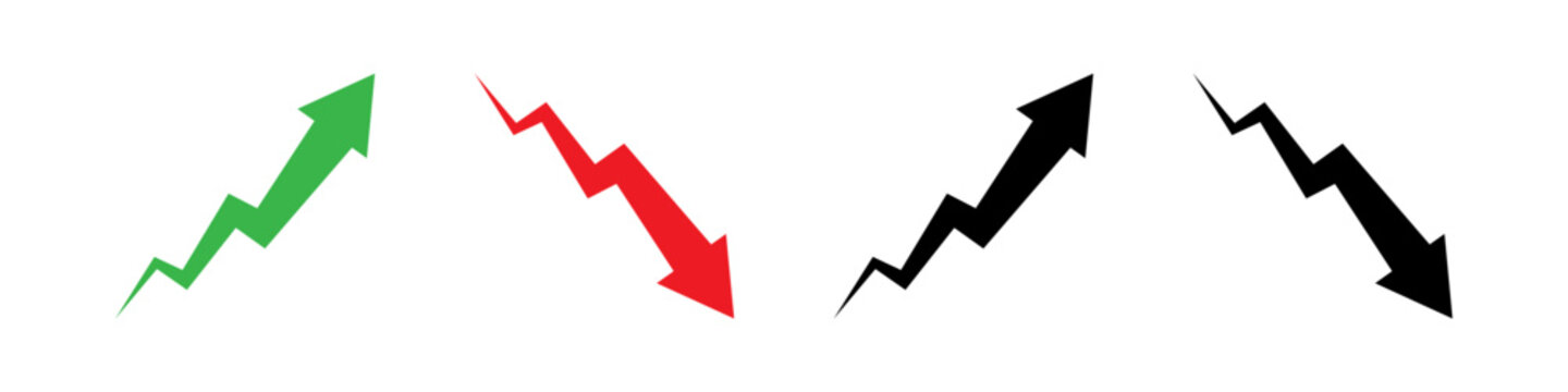 Graph arrows pointing up and down for growth and decline in flat vector style