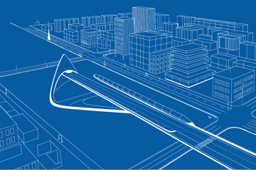 Architectural city blueprint with buildings and bridge design presentation concept