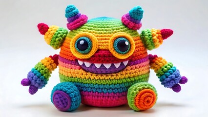 Rainbow striped crochet monster toy isolated on white background, handmade gift