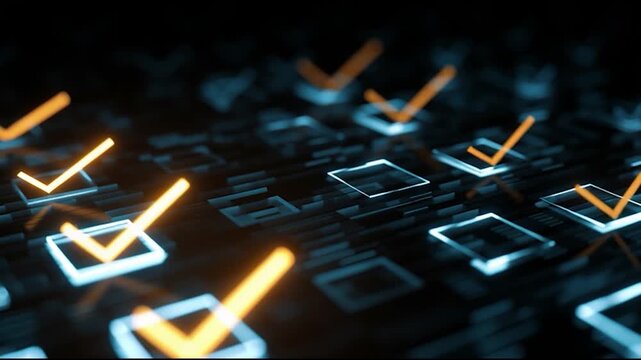 A close-up view of illuminated checkboxes with glowing check marks, set against a dark background, suggesting a digital interface or selection process.