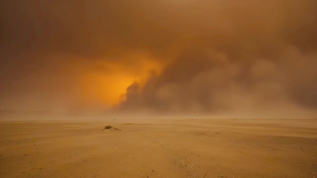 Powerful Dust Storm Sweeps Across Arid Desert Landscape at Sunset.