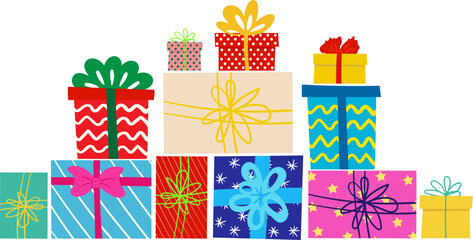 pile of brightly wrapped surprise holiday gifts arranged in pyramid shape vector graphic elements for celebration design party invitation seasonal shopping