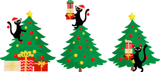 cute domestic kitty cat christmas tree holding gift boxes pile wearing santa hat set vector elements holiday greeting card invitation festive design