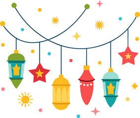 Bright festive garland with lanterns and stars isolated on white background, Ramadan decorative lights garland with lanterns vector, Eid celebration hanging lanterns and stars illustration