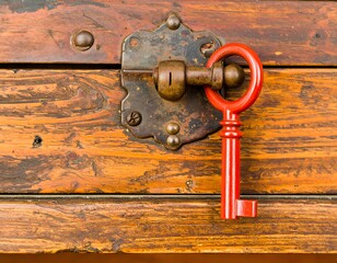 Close-up of Antique Lock on Wood Chest with Red Key