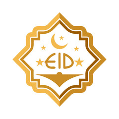 Eid Mubarak badge design with golden outline isolated on white background, Golden Eid Mubarak badge vector illustration, Islamic festive badge with gold outline design, Luxury Ramadan emblem with gold
