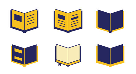 Collection of open books with yellow pages and blue covers illustrated