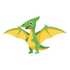 Fototapeta premium Cute cartoon green pterodactyl with yellow wings standing and smiling, isolated on a white background, perfect for children's designs.