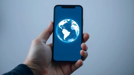 hand holding smartphone displaying glowing earth symbolizing global communication and worldwide connection