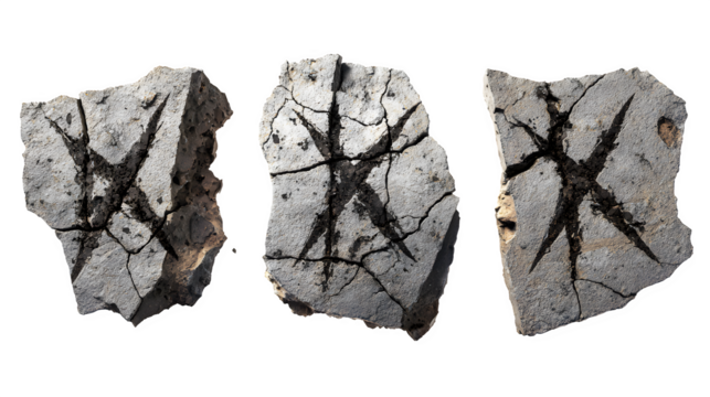 Ancient stone fragments etched with mysterious symbols, hinting at lost civilizations and historical enigmas, perfect for academic or Halloween projects.