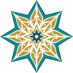Obraz premium Decorative star pattern with golden and teal color isolated on white background, Luxury Islamic star pattern in gold and teal design, Elegant geometric ornament with golden teal tones
