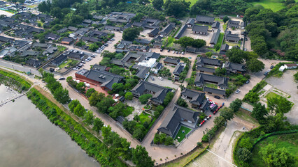 A bridge built in traditional architecture in South Korea, seen from above