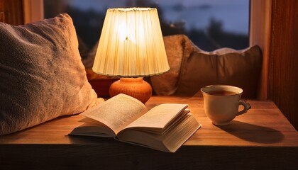serene still life depicting a cozy reading nook with a lamp a cup of tea and a book represents relaxation mindfulness and home comfort use for lifestyle interiors or wellness