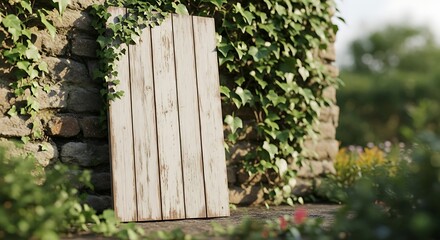 Weathered Wooden Door Leaning Against Stone Wall, Lush Ivy, Soft Sunlight, Serene Garden Scene.