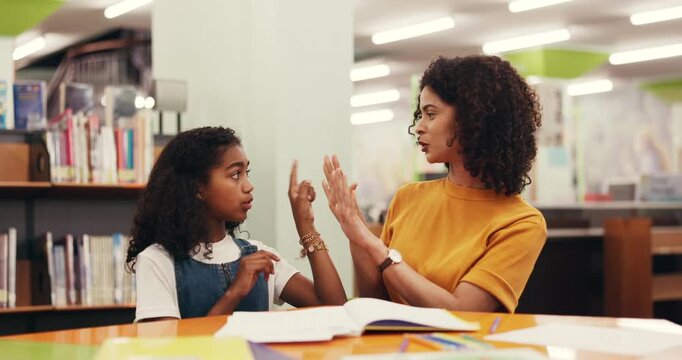 Child, woman and help with math in library with tutor, education and learning numbers. Girl, african person and count on fingers for teaching, support or problem solving and homework for school