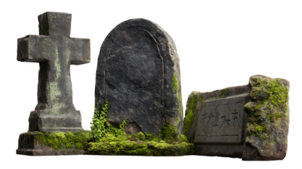 Ancient weathered gravestones with moss and vines evoke a sense of solemnity and the passage of time for impactful historical or Halloween themes
