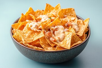 Crispy nachos with cheese sauce served in a bowl on blue background.