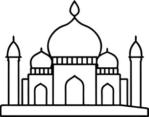 Line drawing of mosque skyline isolated on white background for islamic festive design, Islamic mosque skyline line art vector, Decorative mosque skyline outline illustration