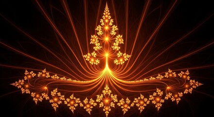 Intricate Golden Fractal Tree of Light with Radiant Rays and Symmetrical Bloom