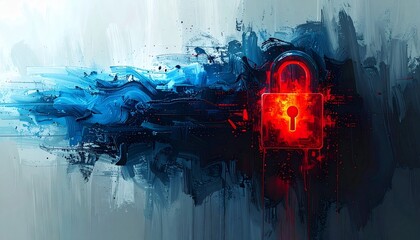 Dynamic digital security concept with glowing red lock over abstract blue artwork