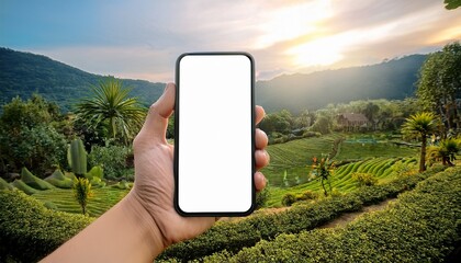 hand holding smartphone with blank screen in garden