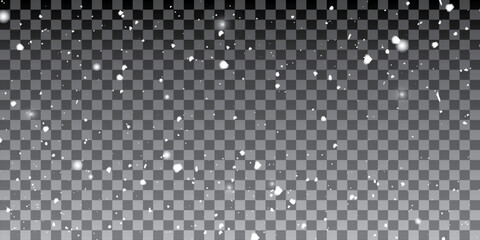 Realistic snow fallen on dark transparent background. Abstract dust particles, white confetti winter png bg. Christmas wallpaper poster elements, flyer, new year card, realistic vector snow powder.