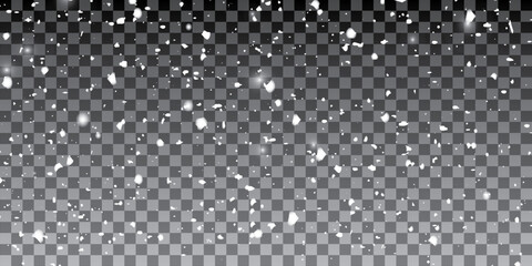 Realistic snow fallen on dark transparent background. Abstract dust particles, white confetti winter png bg. Christmas wallpaper poster elements, flyer, new year card, realistic vector snow powder.