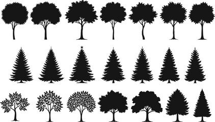 PrintBlack tree silhouettes collection, isolated vector icons, pine trees, deciduous trees, Christmas tree shapes, nature illustration, forest graphic elements, design resources