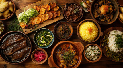 Rustic wooden table with mixed cuisines herbs and fresh ingredients