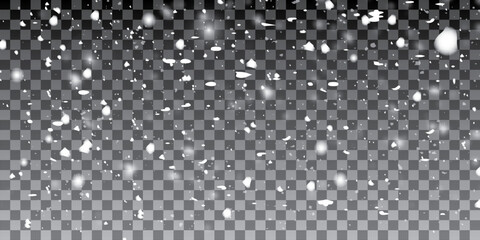 Realistic falling snow with snowflakes and clouds. Vector heavy snowfall, snowflakes in different shapes and forms. Many white cold flake elements on transparent background.