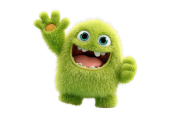 Cute Funny Green Alien Monster Waving, Transparent Background