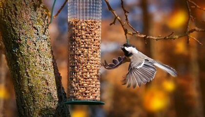 bird flying over nut feeder chickadee feeding on feeder of walnuts a tree in the depth of a tree a bird soaring above a nut lifestyle feeder