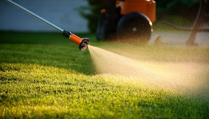 spraying the grass for lawn care with spray from a lawn applicator