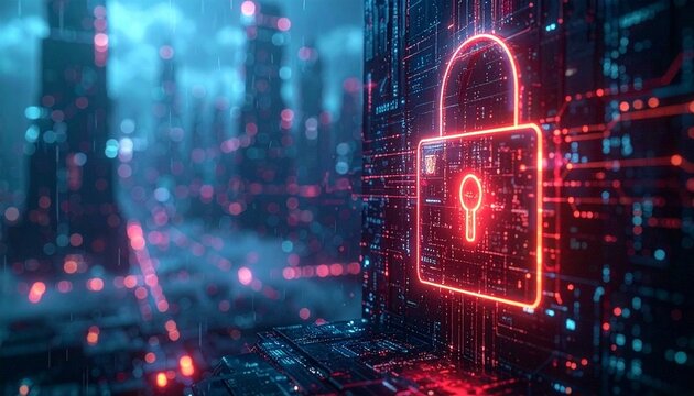 Cybersecurity lock glows protecting digital city network from cybercrime threats online