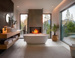 serene bathroom featuring a modern tub and fireplace conveying relaxation and luxury ideal for showcasing home design wellness and aspirational lifestyle