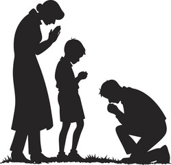 Silhouette of family praying together isolated on white background for islamic festive design, Islamic family praying silhouette vector, Muslim family worship silhouette illustration