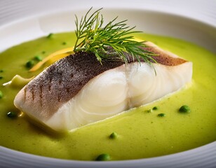 poached halibut with smooth fennel cream macro garnish detail