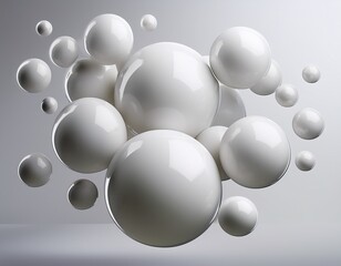 white glossy 3d spheres floating and merging like molecules on a light gray background