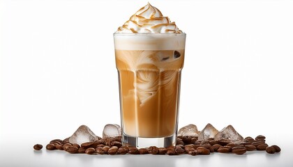 a tall glass filled with iced coffee latte featuring creamy swirls and ice cubes isolated on a white background