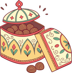 Festive sweets jar with arabic decoration isolated on white background for eid celebration, Islamic sweets jar with decorative ornaments, Arabic festive jar filled with sweets, Golden decorative islam