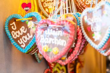 Munich, Germany - October 3rd 2025: Lebkuchen hearts reading &ldquo;I love you&rdquo; &mdash; gingerbread hearts at Oktoberfest 2025
