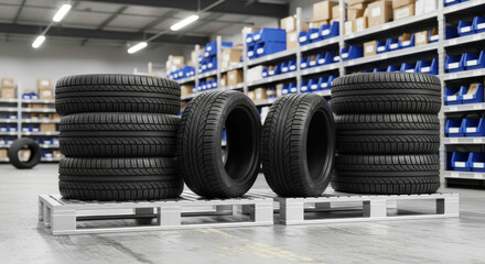 Stacked tires in a warehouse industrial storage with shelving and boxes