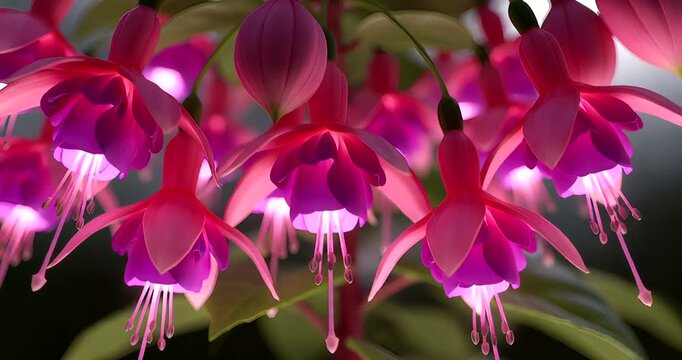 Close-up of vibrant fuchsia flowers illuminated softly against a dark background